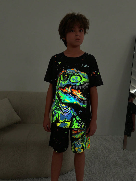 Tween Boy Dinosaur Patterned 2-Piece Set - Comfortable Wide-Fit Breathable Flame Retardant Short Sleeve T-Shirt And Shorts, For Summer And Sleepwear At Home