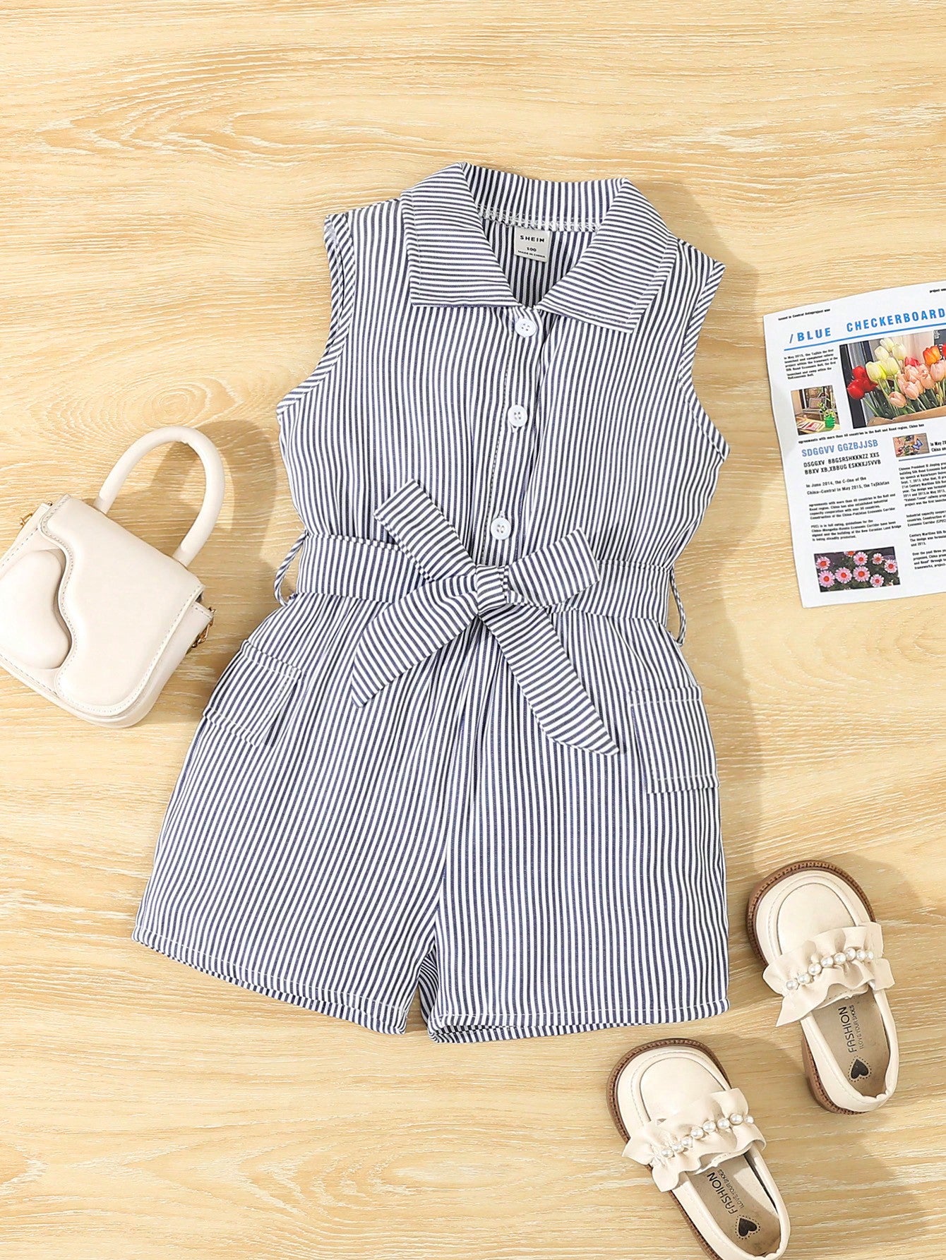 Young Girls' Fashionable Stripe Button Down Sleeveless Romper, Summer