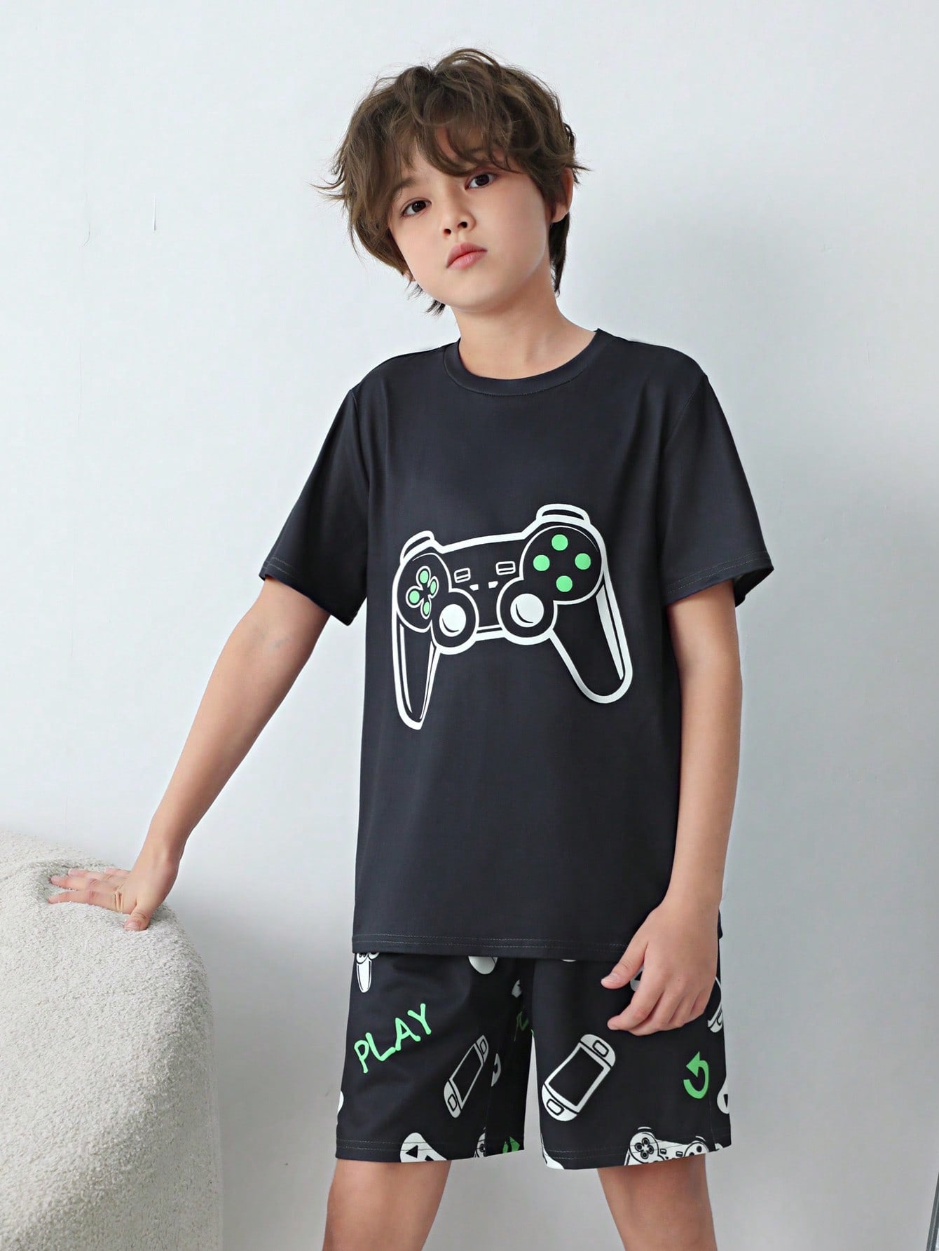 Tween Boy Summer Trendy Comfortable Short Sleeve Shorts Fire-Retardant Pajama Set With Game Console Print