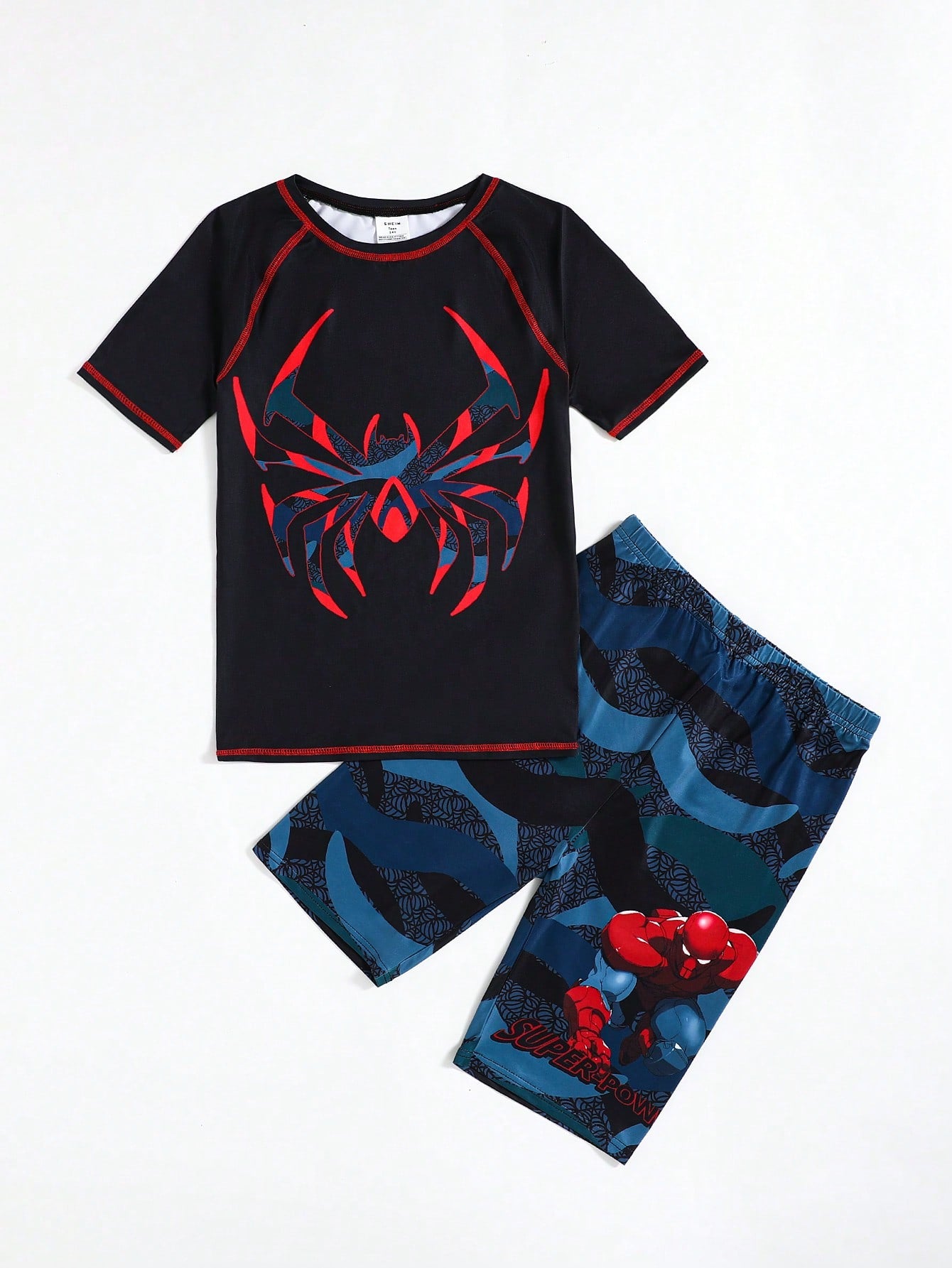 Teen Boy Snug Fit Spider Patterned Short Sleeve T-Shirt And Shorts Knit Pajama Set, Summer