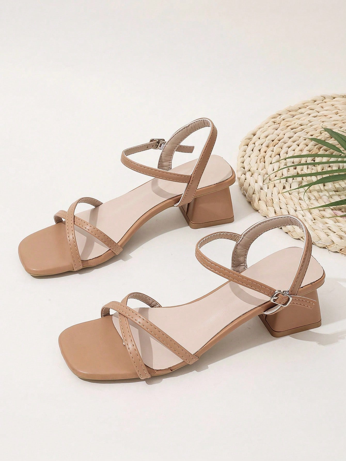 Teenage Girls Beige Open Toe Big Size Sandals With Chunky Heels