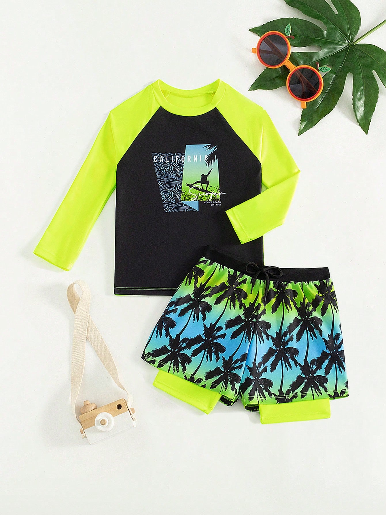 Young Boys' Summer Beach Separated Swimwear Set Including Color Block Letter Printed Long Sleeve Top And Plant Printed Boxer Shorts