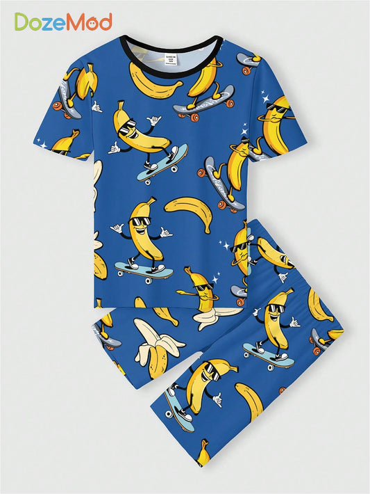 Tween Boy Casual Simple Banana Cartoon Pattern Short Sleeve T-Shirt And Long Pants Home Wear Set, Spring/Summer Snug Fit