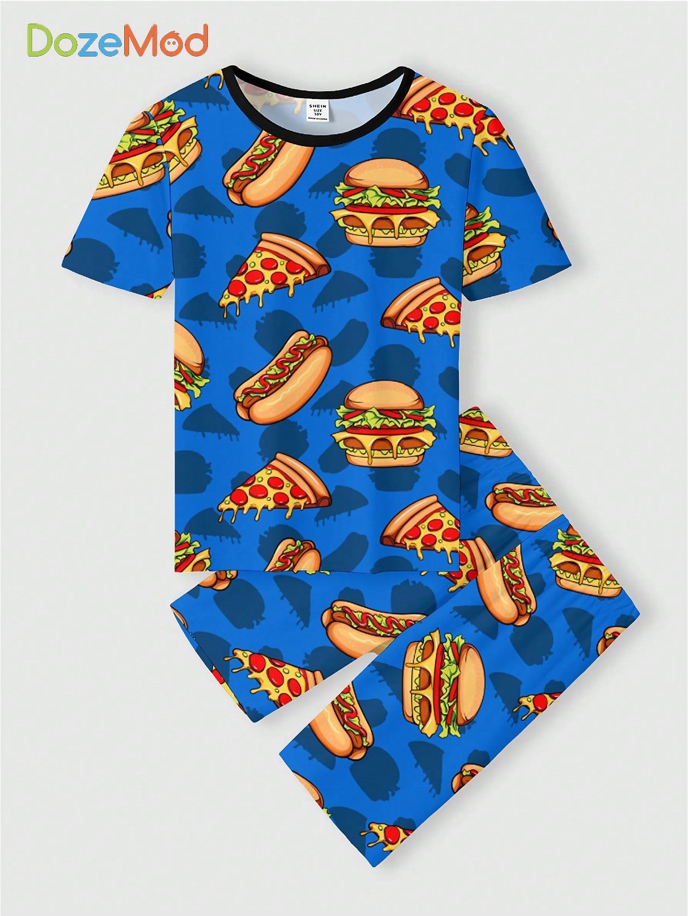 Tween Boy Casual Simple Cartoon Hamburger Printed Short Sleeve T-Shirt And Long Pants 2pcs Homewear Suit, Spring/Summer, Snug Fit