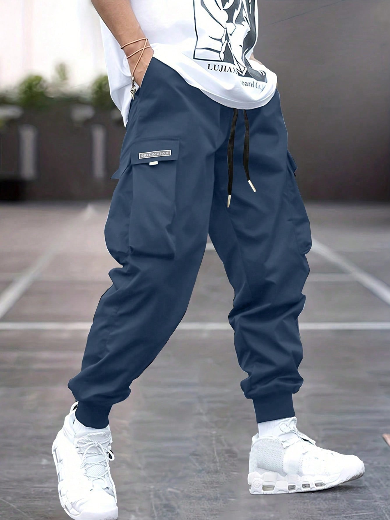 Men's Casual Drawstring Waist Flap Pocket Cargo Pants