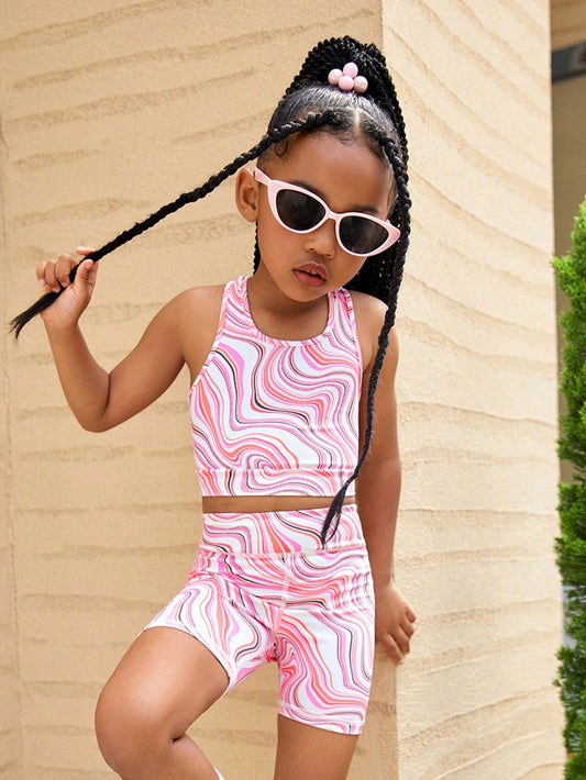 Young Girl Cute And Cool Water Ripple Printed Vest And Cycling Pants Sports Two Piece Yoga Outfit