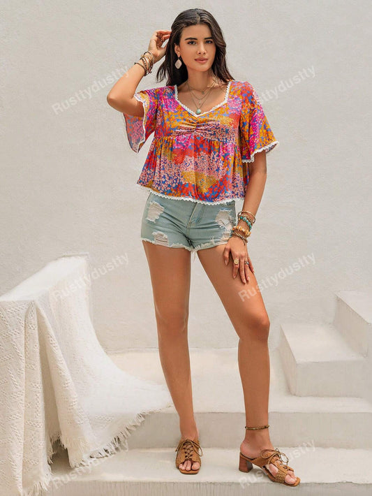 Rusttydustty Ladies' Colorful Random Printed Simple Daily Top