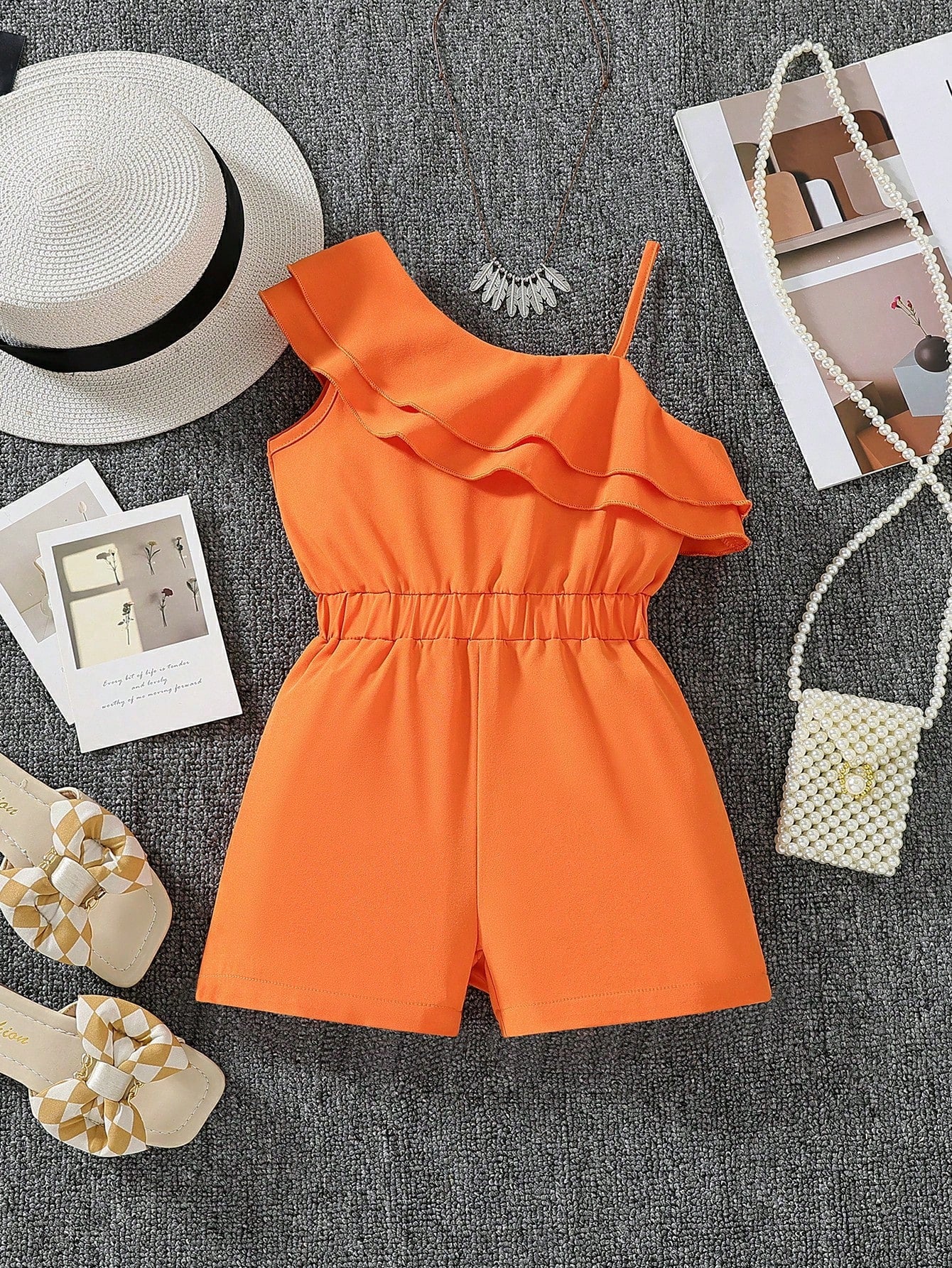 Young Girl Ruffle Trim Asymmetrical Neck Romper