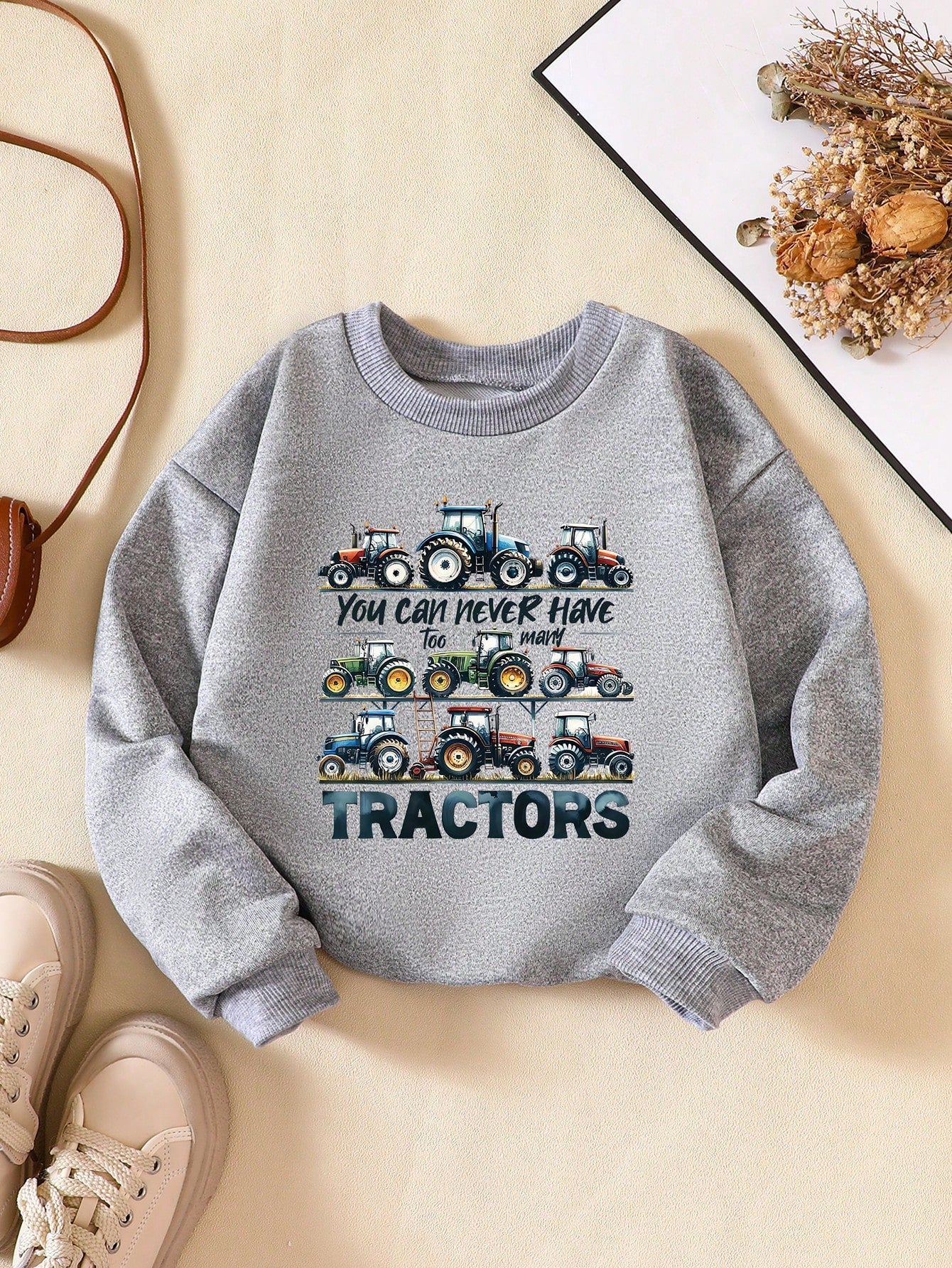 Young Boy Fashionable Tractor Letter Printed Long Sleeve Sweatshirt, Spring/Autumn/Winter