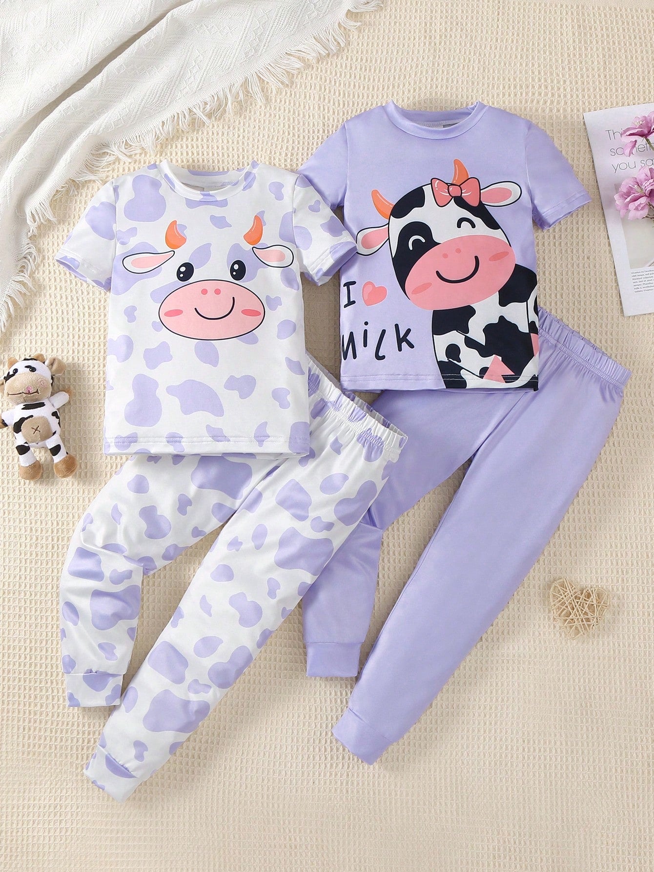 Young Girl Snug Fit 2 Sets Combo Of Simple Cow Printed Short Sleeve Top And Long Pants For Home Wear