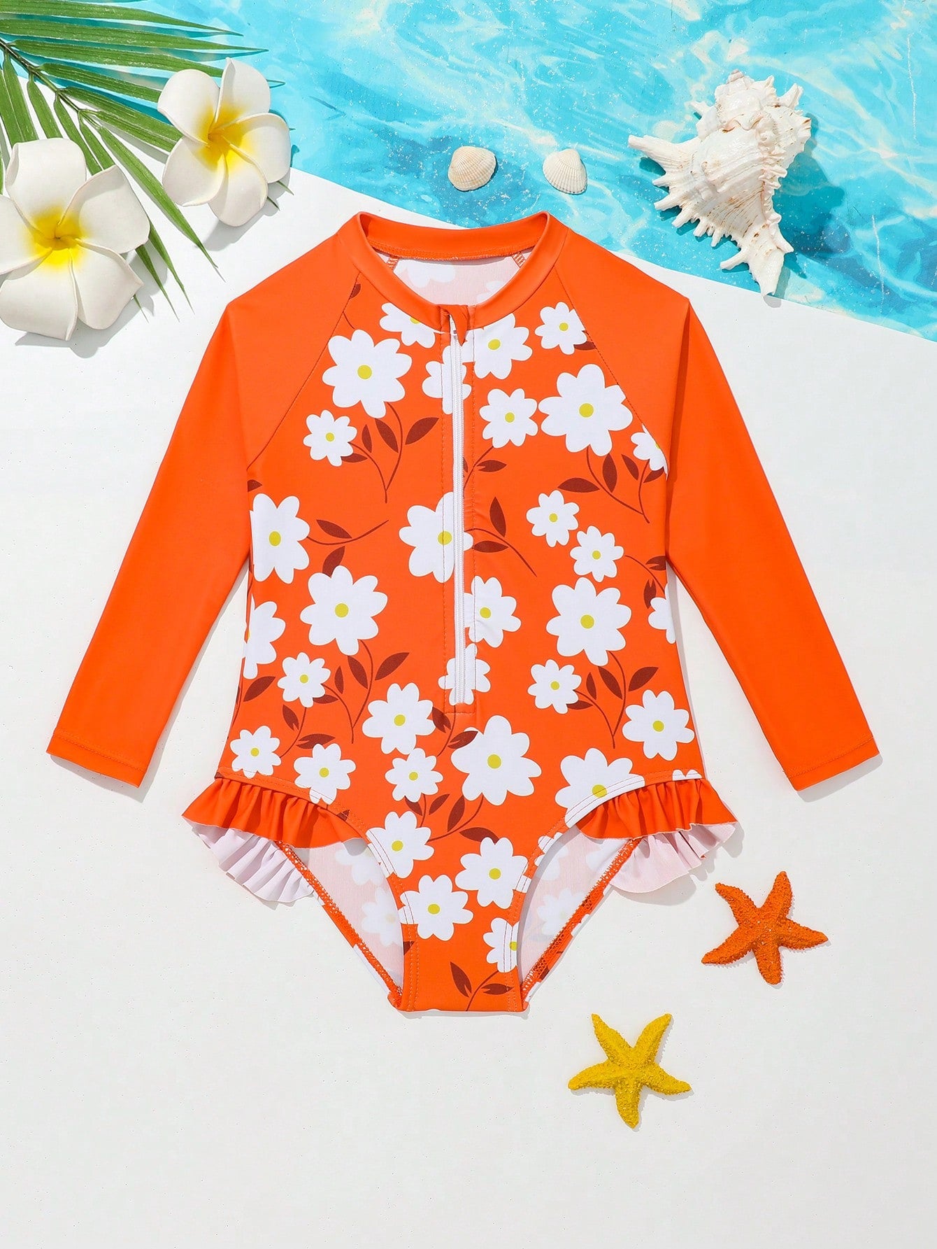 Young Girl Floral Print Zipper Front Ruffle Trim One Piece Swimsuit