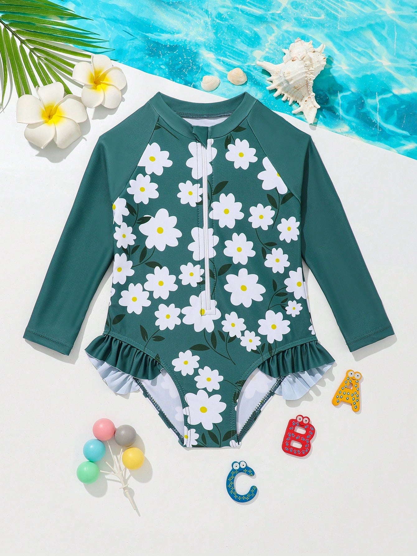 Young Girl Floral Print Zipper Front Ruffle Trim One Piece Swimsuit