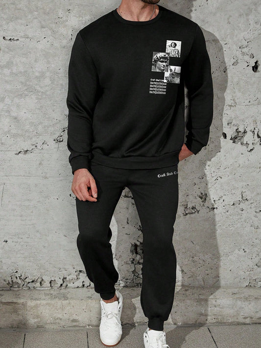 Men's Plus Size Casual Sculpture Letter Printed Hoodie And Jogger Pants Set