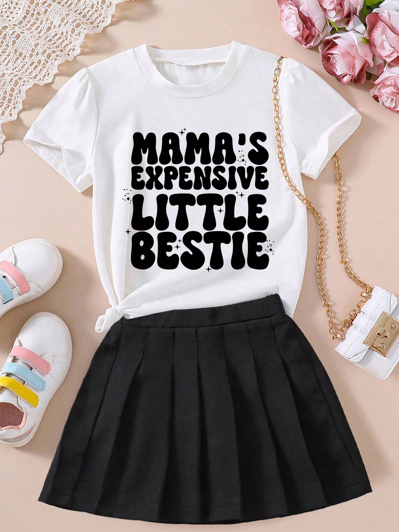 Girls' Letter Print Short Sleeve T-Shirt And Solid Pleated Skirt