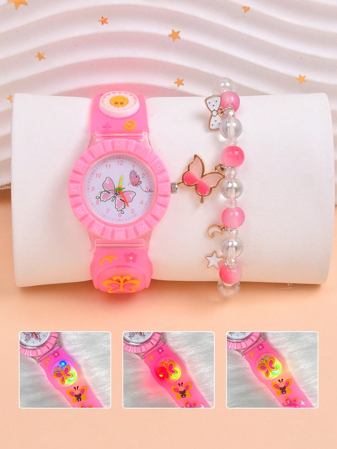 1pc Girls Butterfly Pattern Silicone Strap Cute Luminous Round Dial Quartz Watch & 1pc Beaded Bracelet, For Daily Life