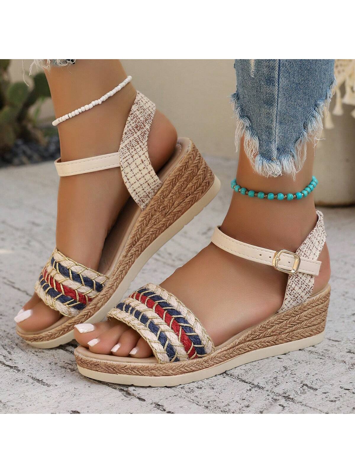 2024 New Summer Women Wedge Heel Waterproof Non-Slip Sandals With Fashionable Chunky Heel One-Strap Buckle High Heels For Outdoor Use