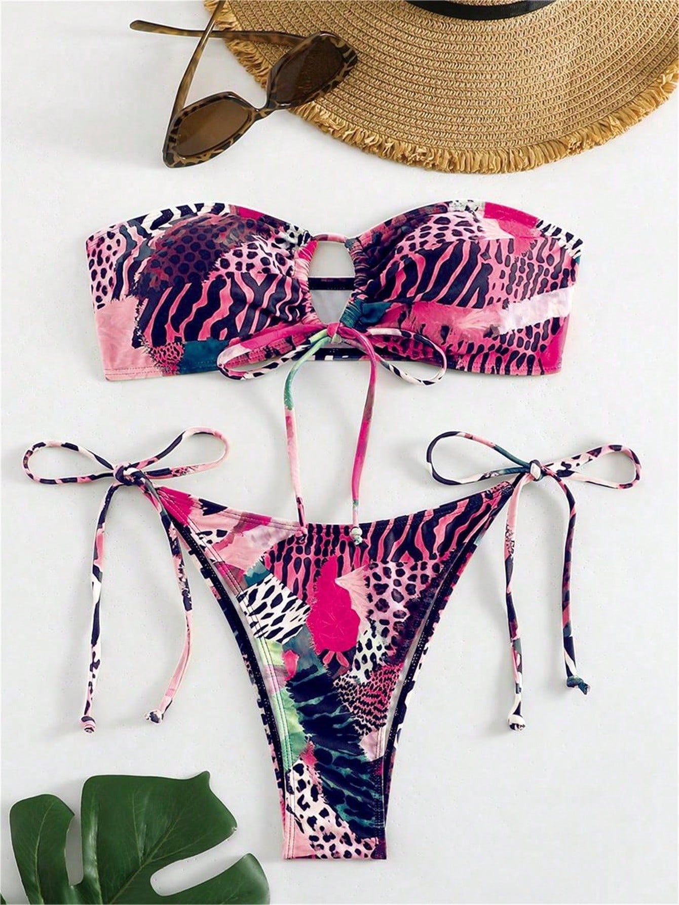 Swim Women's Animal Print Splice Bandeau Bikini Set, Printed Design Random, Strapless Bikini Set Bathing Suit Beach Outfit Summer Vacation,Summer Beach