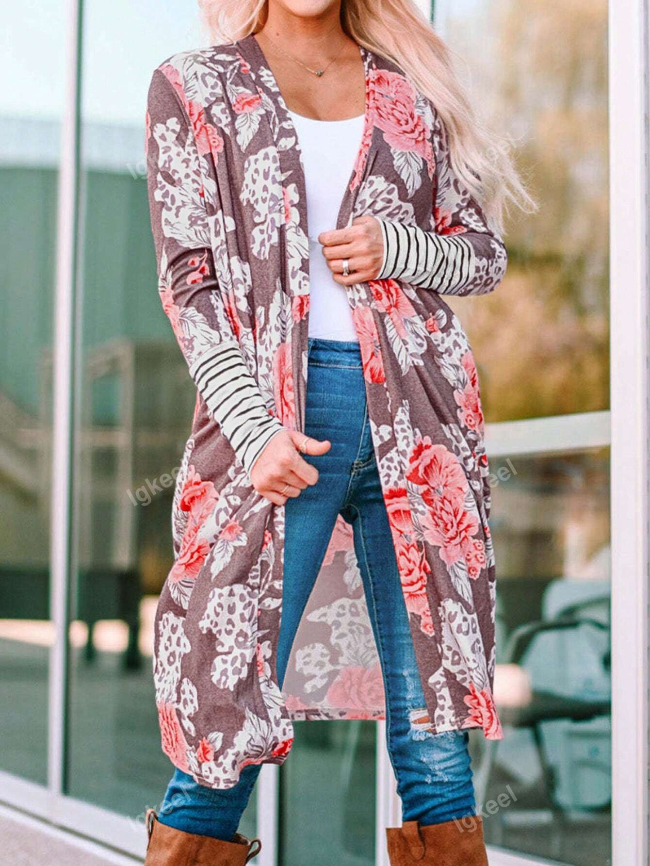 Floral Print Casual Buttonless Long Sleeve Cardigan Jacket