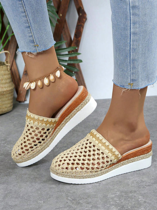 Women's Closed Toe Rope Wedge Heel Shoes With Hollow-Outs, Thick Sole And Round Toe, Slip-On Slippers For Outdoor Wear, Closed Toe Style