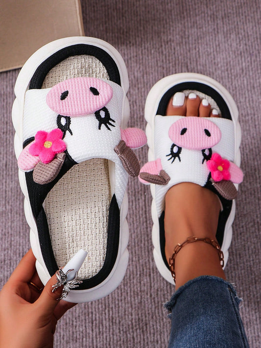 Cute Linen Cow Slippers For Women, Couples, Anti-Slip Thick Bottom Indoor Slippers