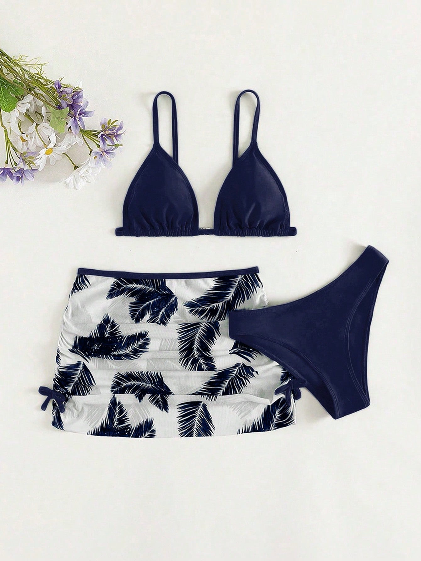 Teen Girl 3-Piece Set Spaghetti Straps Triangle Palm Leaf Print Bikini Set Summer Beach