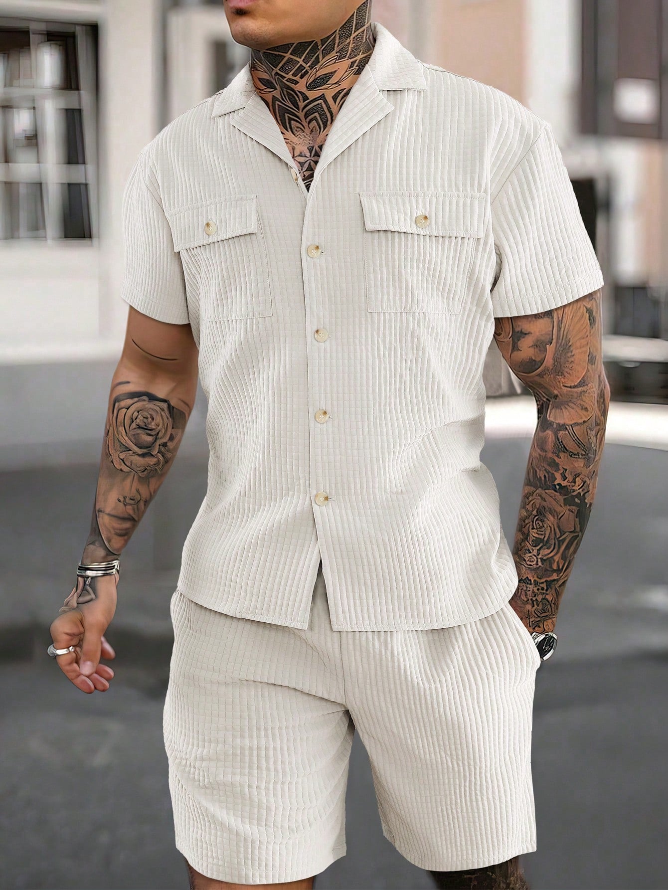 Men's Solid Color Short Sleeve Shirt And Shorts Set, Spring/Summer