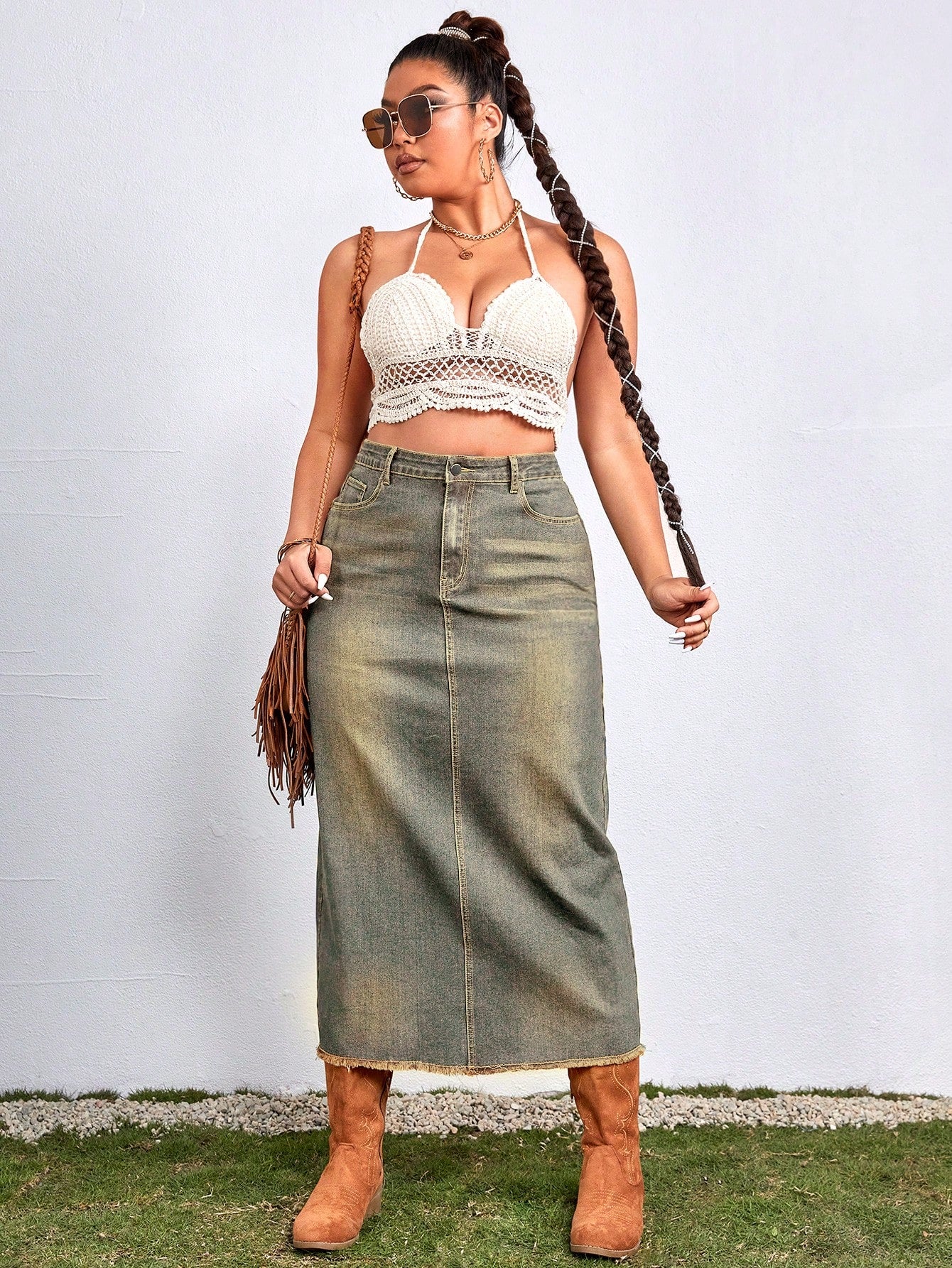 Plus High Waist Raw Trim Denim Skirt