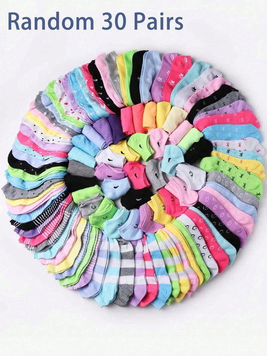 Random 30 Pairs Girls' Summer Thin Socks Set, Candy Colored Hearts, Bowknot, Stripes, Soft & Comfortable Casual All-Match Short Socks For Students