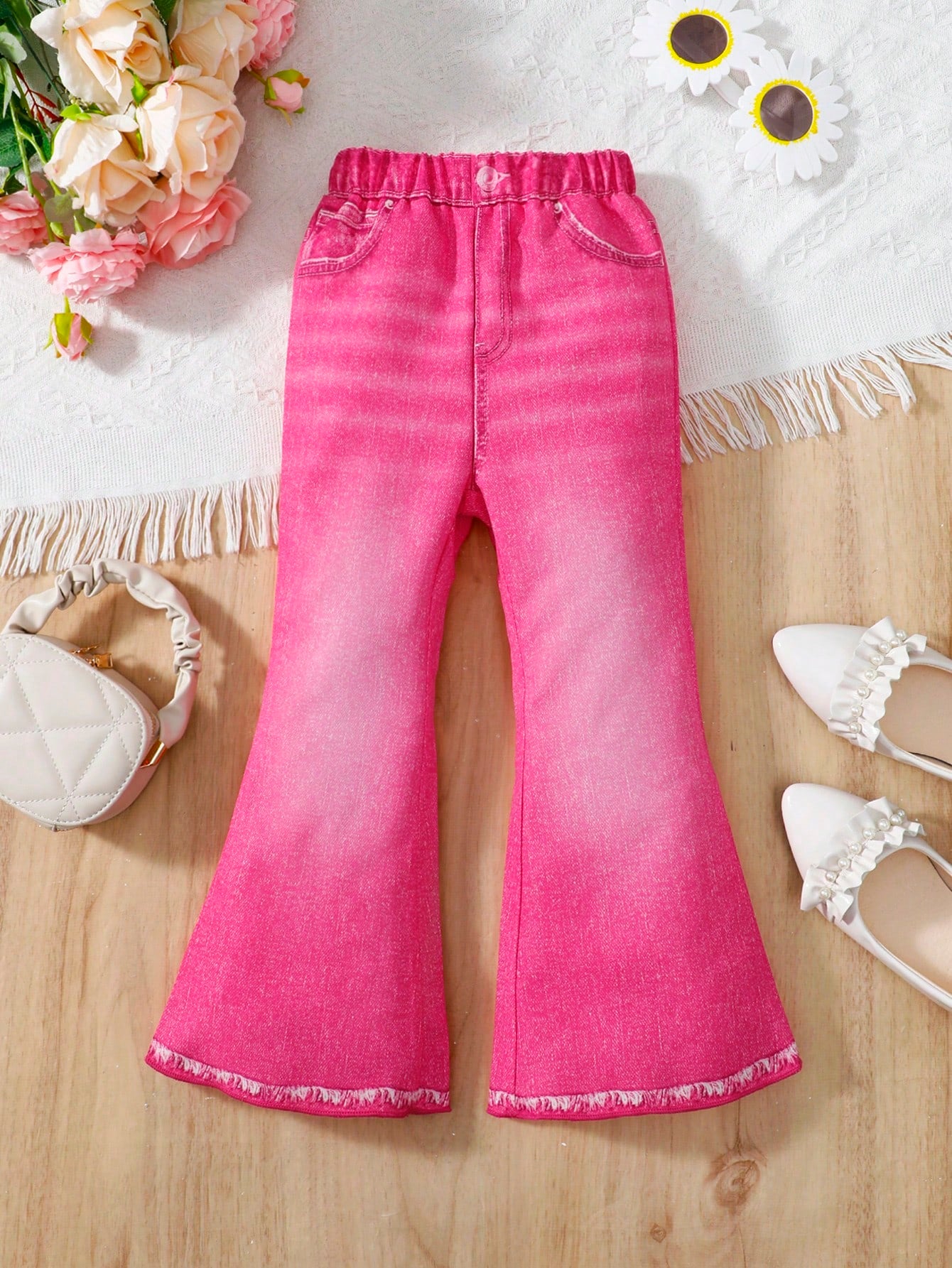 Young Girls' Casual Printed Bell Bottom Jeans, Perfect For Spring And Summer