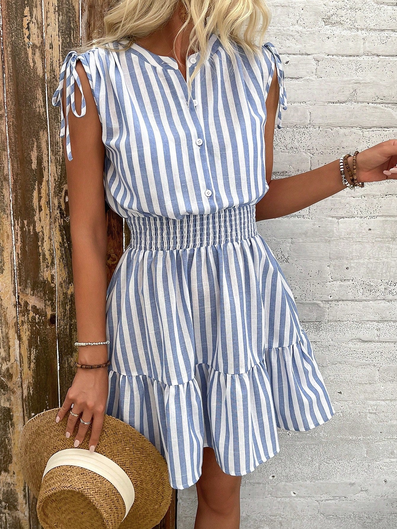 Summer Blue & White Striped Cotton Dress With Shoulder Pleats, Bow Belt And Cinched Waist For Women