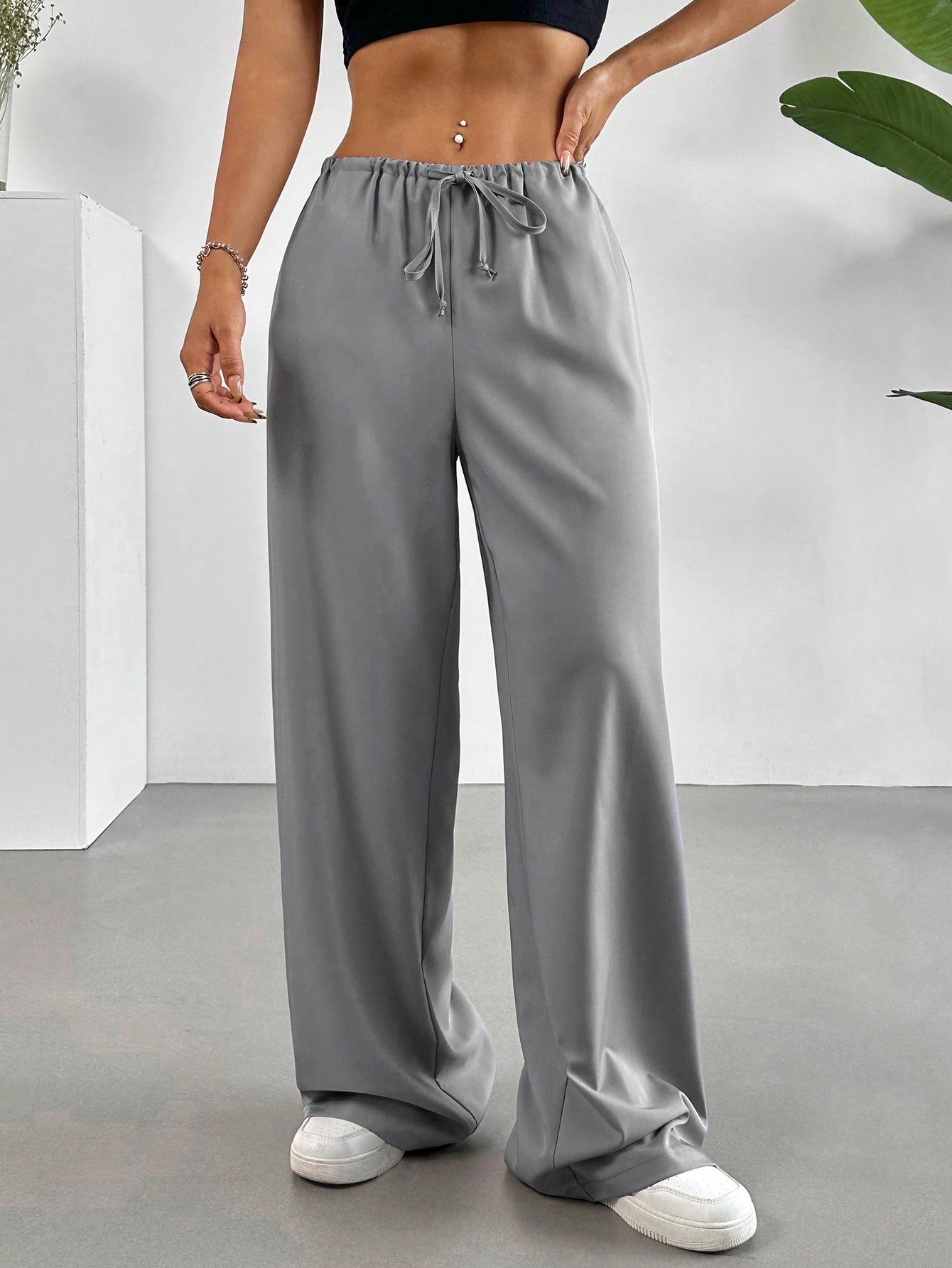 Loose Striped Wide-Leg Pants With Front Tie, Casual Wear