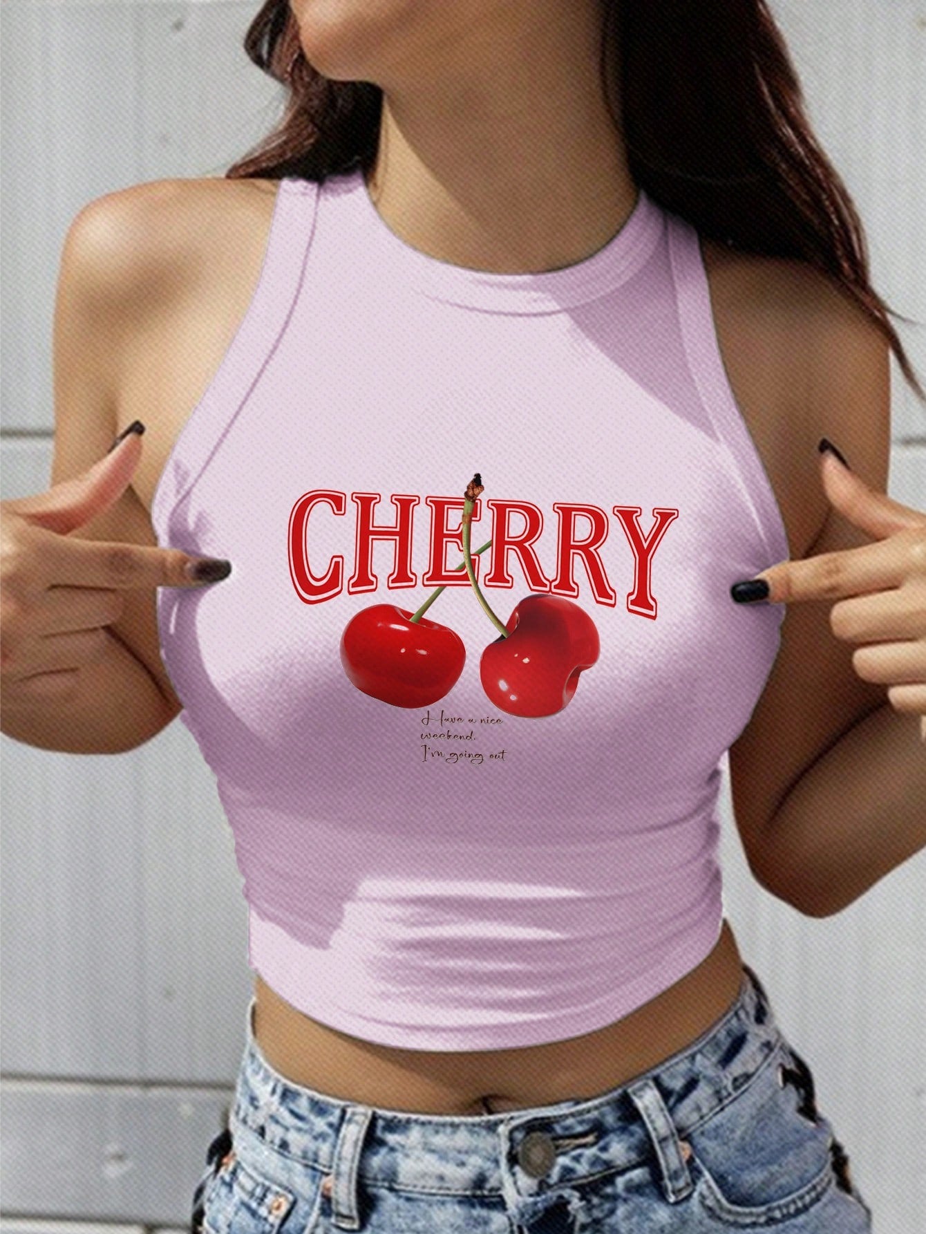 Women's Pink Cherry Pattern Casual Simple Slim Fit Crop Tank Top, Suitable For Summer CHERRY Have A Nice Weekend. I'm Going Out