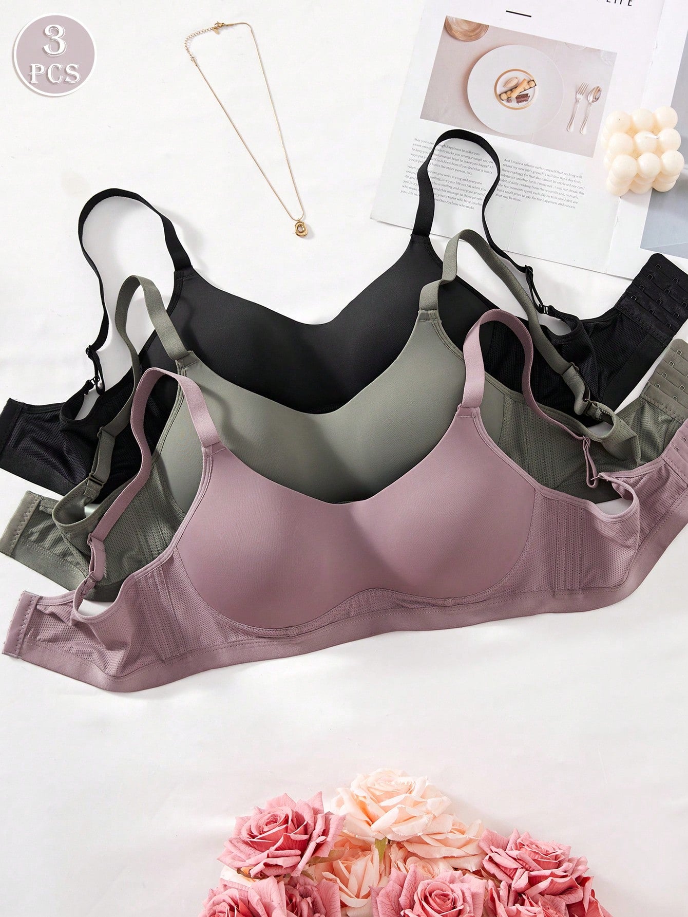 3PCS Lady's Comfortable Casual Wireless Soft Cup Solid Underwear Bra