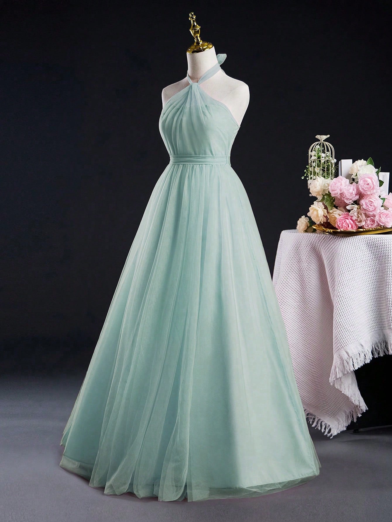 Teen Girl Wedding Season Elegant Bridesmaid Dress With Netting Neckline, Floor-Length, Suitable For Weddings, Birthdays, Spring And Summer