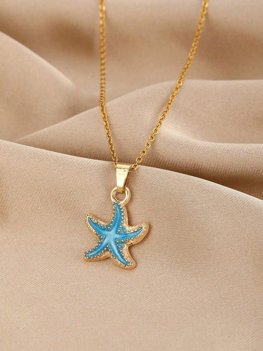 1pc Kids Summer Cute Fashion Colorful Starfish Pendant Necklace With Stainless Steel Chain For Summer Beach Vacation  & Birthday Gift For Daily Wear