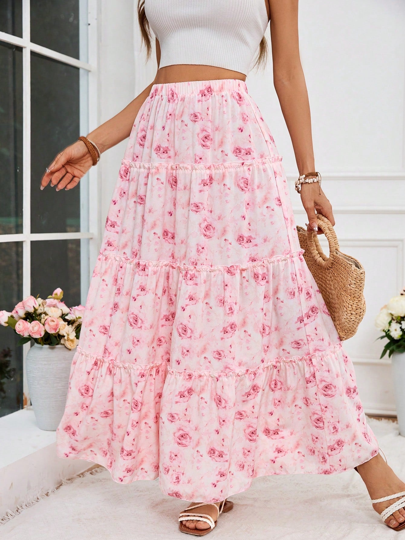 Ditsy Floral Print Frill Trim Summer Beach Ruched Skirt