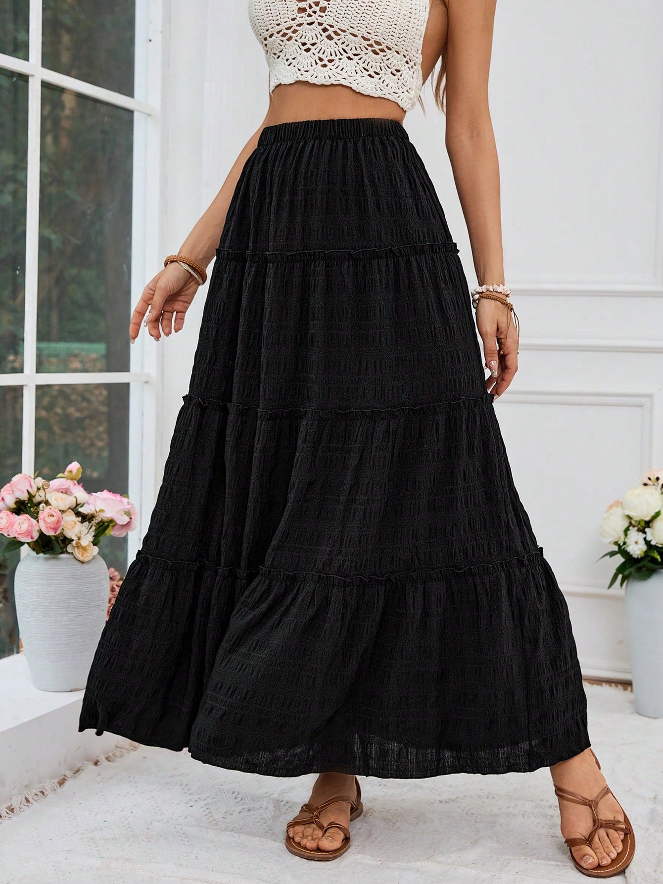 Vacation Woven Floral Print High Waist Loose Skirt For Women