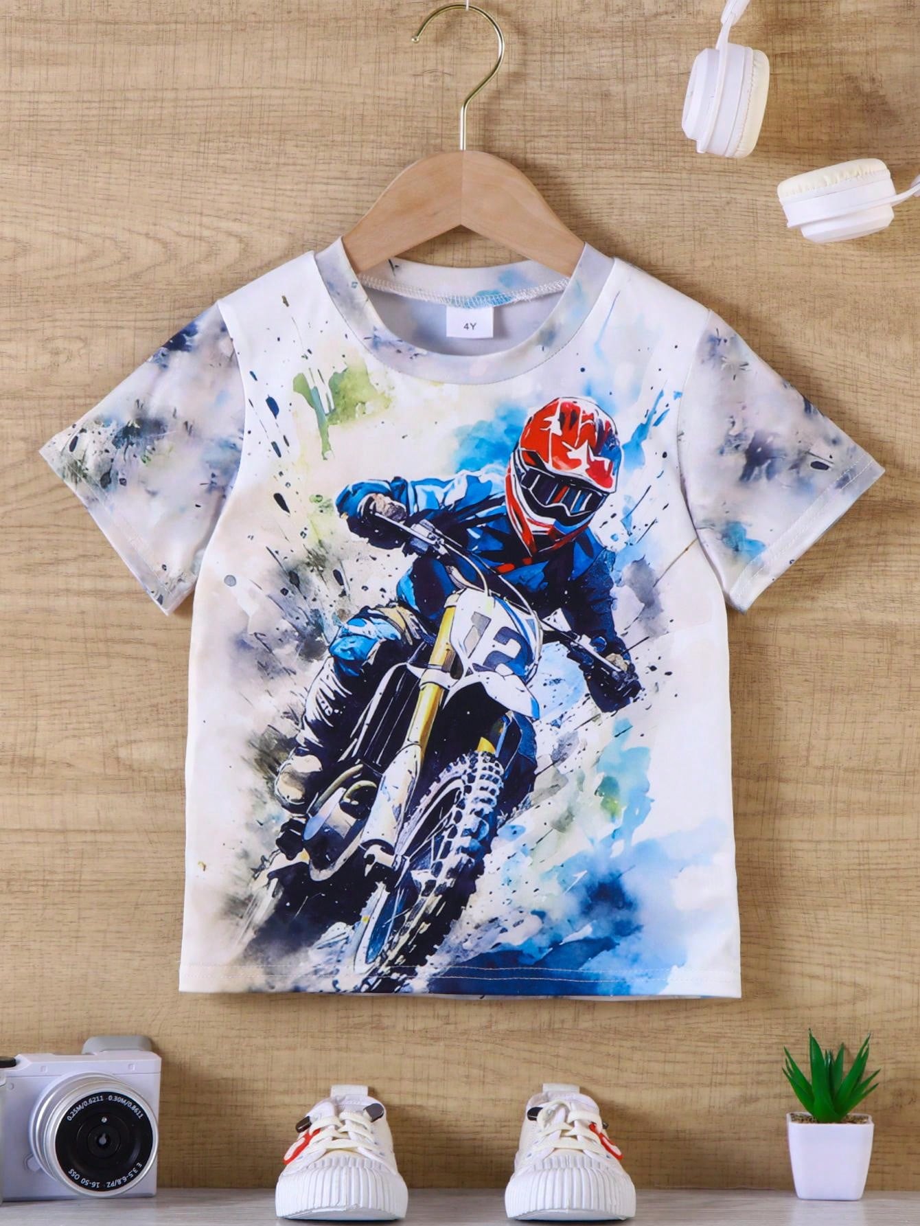 1pc Young Boy Casual Motorcycle Tie Dye Short Sleeve Lightweight Knit T-Shirt For Summer