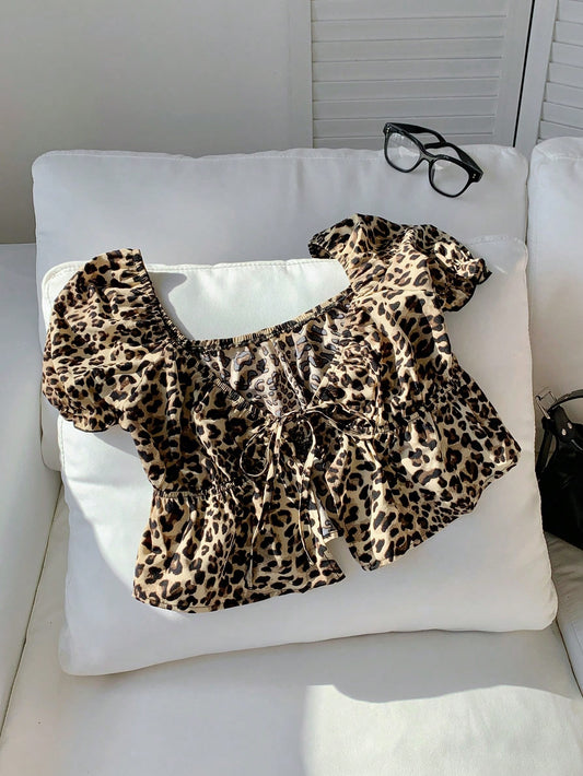 Comfortcana Women's Summer Fashion Leopard Print Puff Sleeve Cropped Shirt