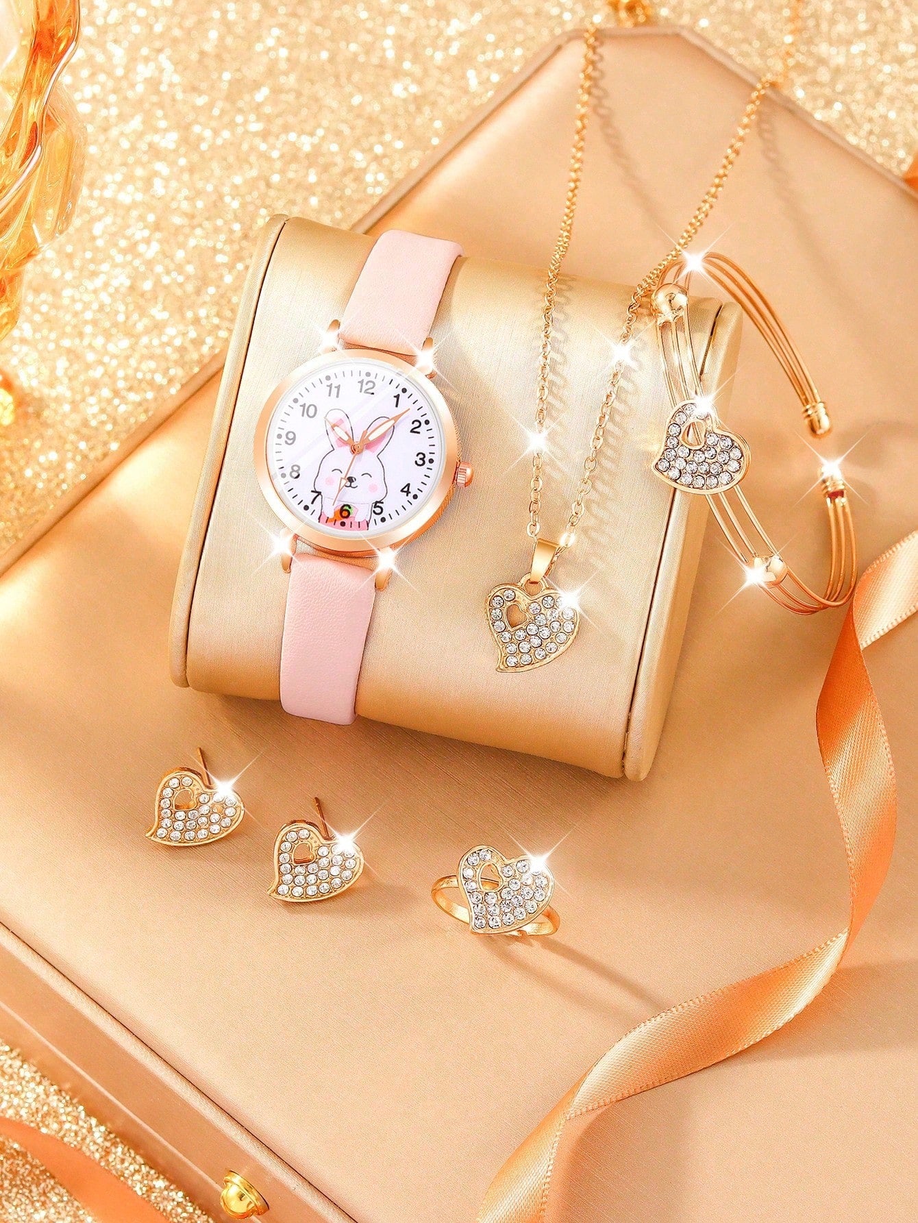 5pcs Lovely Silica Gel Quartz Girls Watch And Necklace Bracelet Earrings Jewelry Set For Girls Gifts