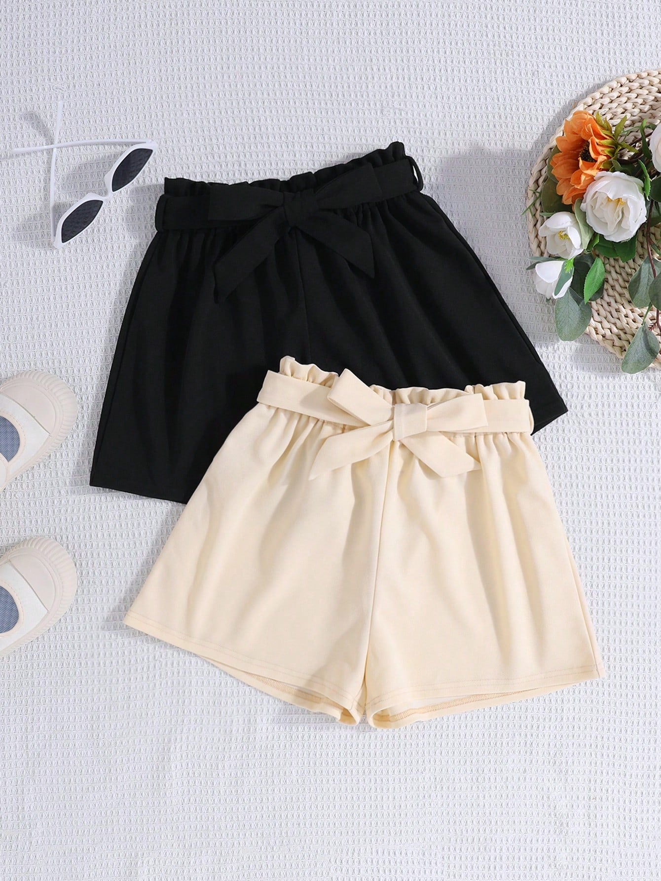 Tween Girl 2pcs Paperbag Waist Belted Shorts