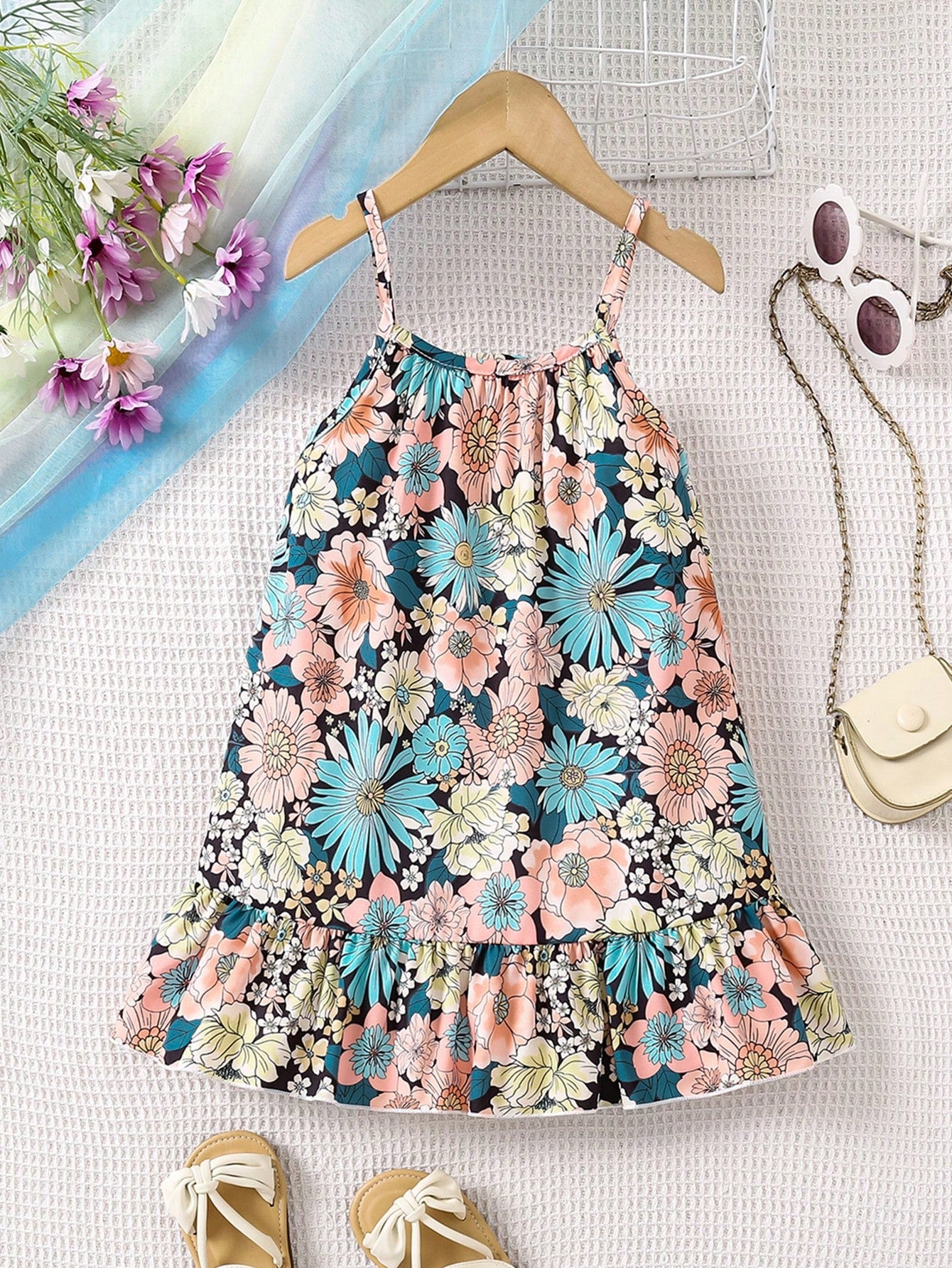 Young Girl Fashionable Floral Printed Dress With Ruffle Hem And Crossed Straps, Summer Beach Vacation