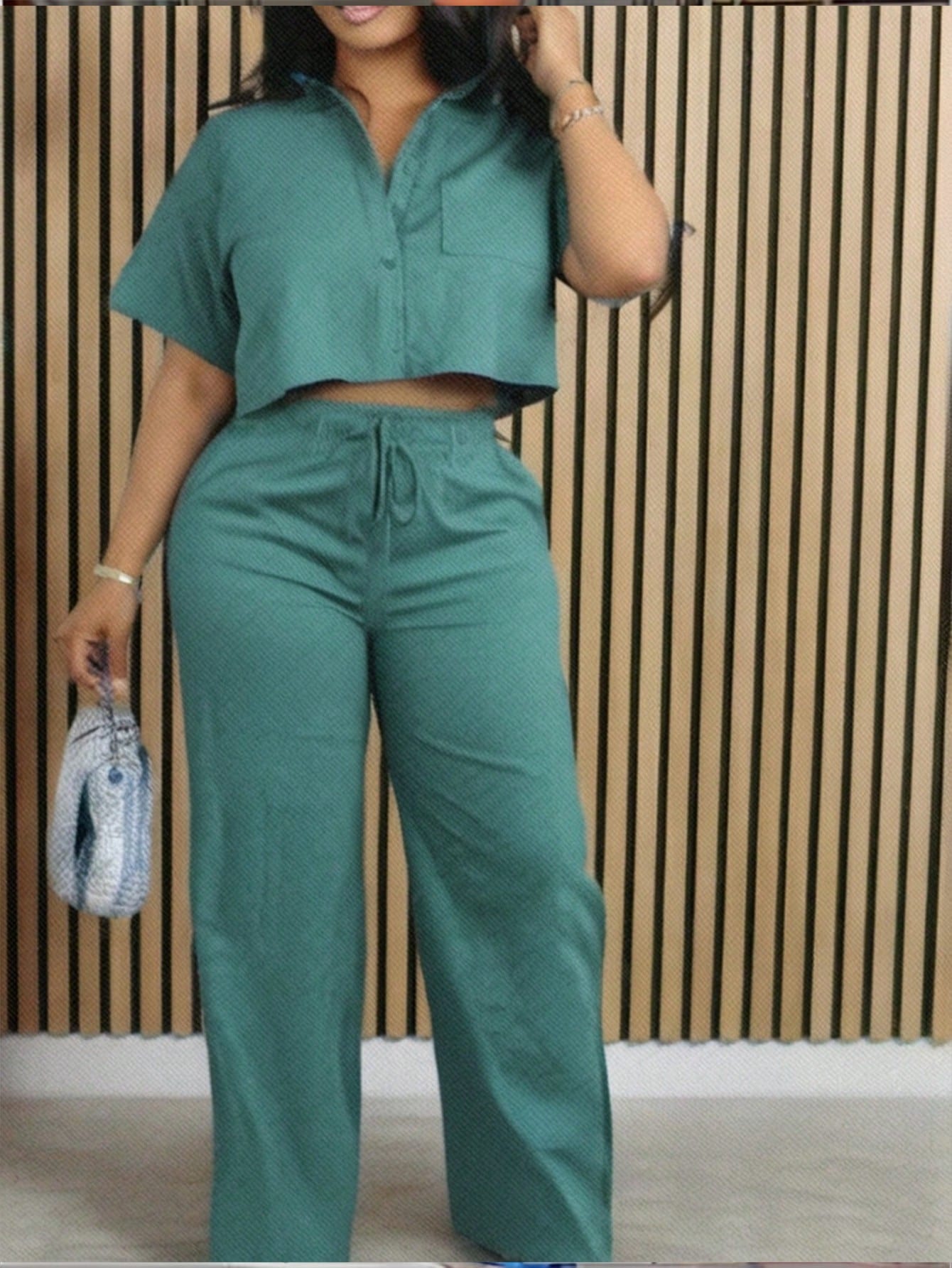 Casual Commuter Plus Size Women's Green Shirt And Pants Two Piece Set With Pockets