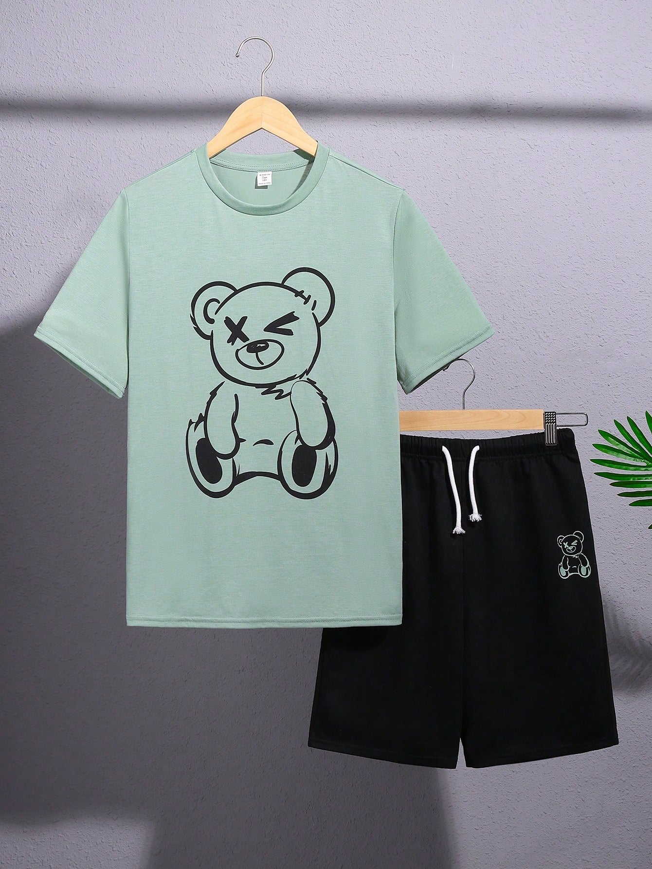 Teen Boy Casual Bear Printed Round Neck Short Sleeve T-Shirt And Shorts Knit 2pcs Set