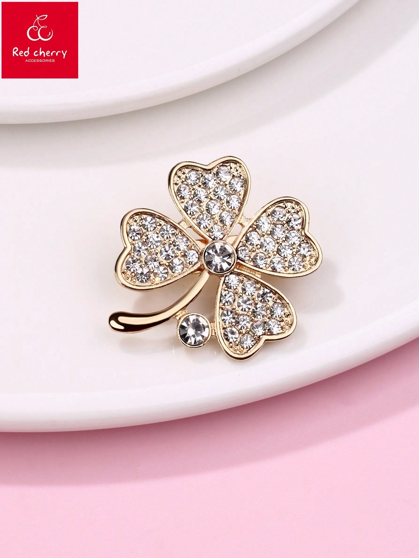 1pc Girls' Clover Shape Zinc Alloy Brooch With Transparent Rhinestone & Gold Plating, Cute Jewelry For Daily Wear