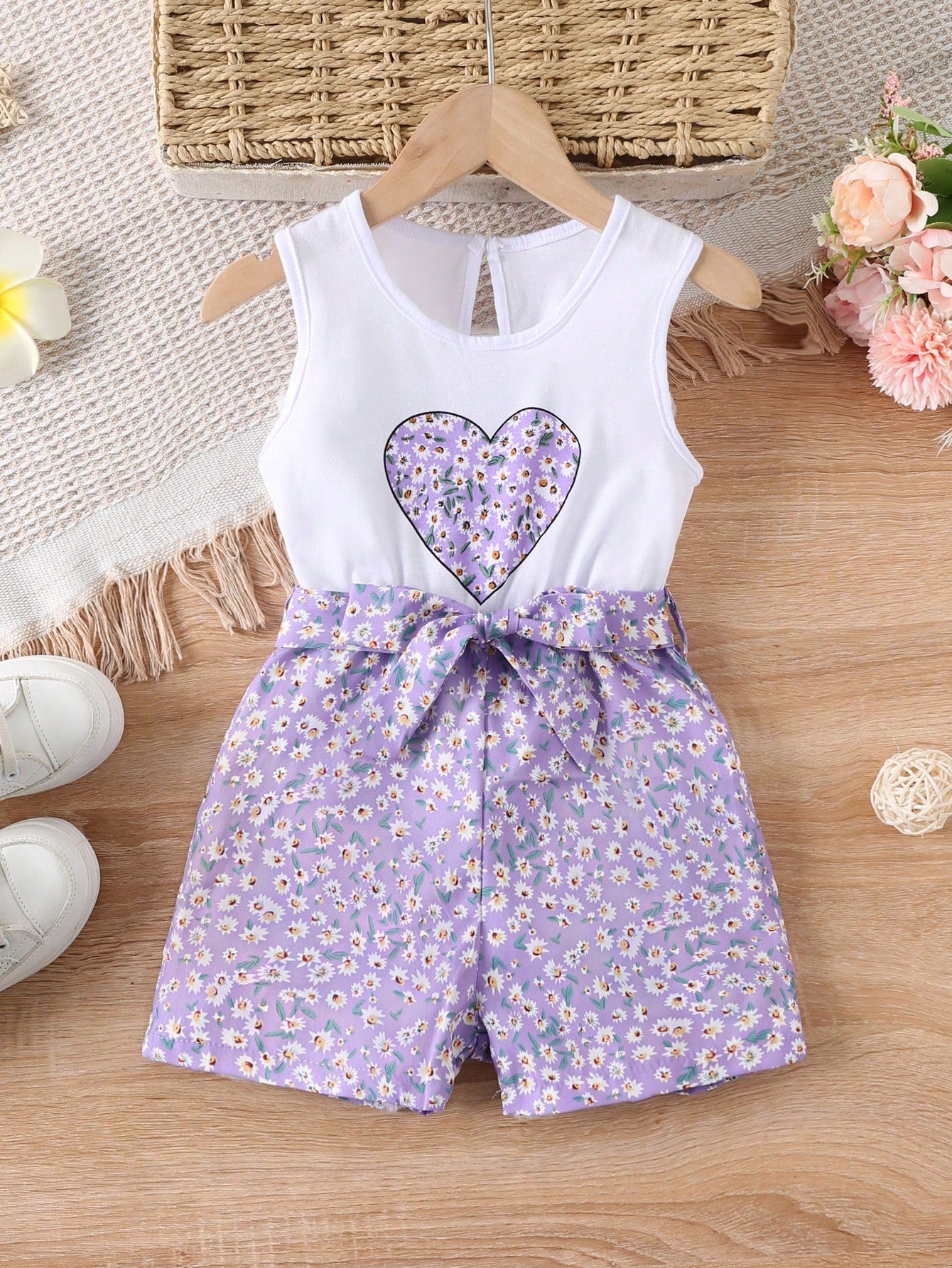 Young Girl Ditsy Floral & Heart Print Belted Romper