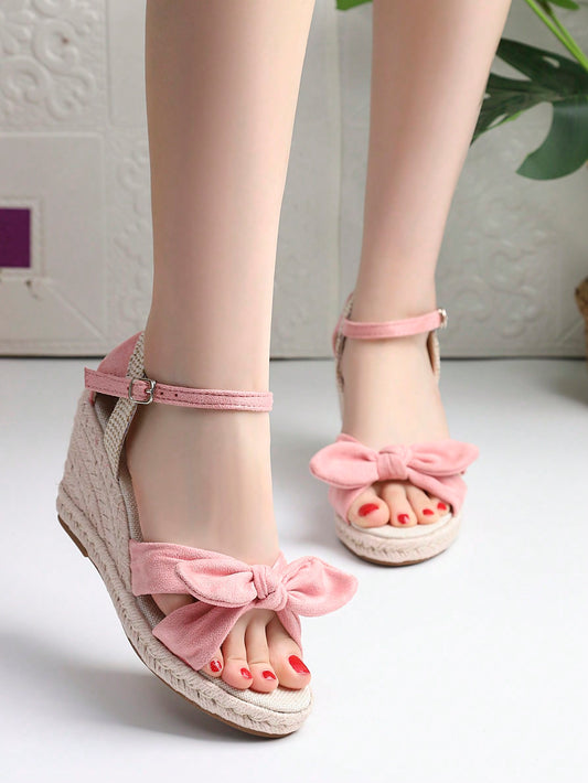 Velvet Round Toe Wedge Heel Jute Rope Wedding Shoes, Pink One-Strap, Fashionable Banquet Wedding Bridesmaid Platform Pumps