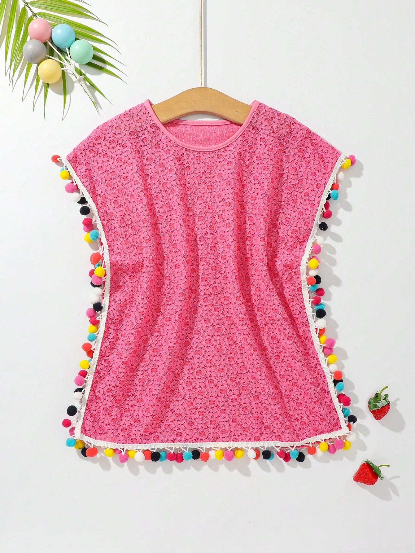 Little Girls' Casual Round Neck Summer Cover Up With Pom Poms