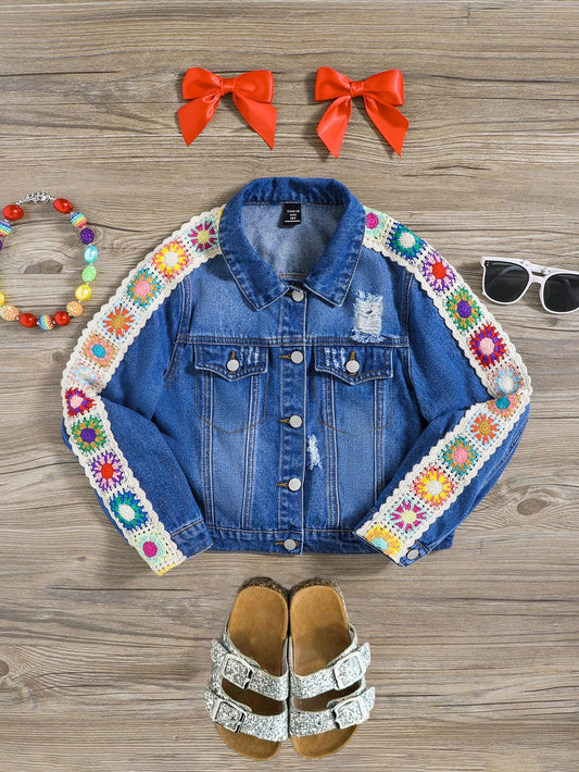 Tween Girl Casual  Floral Crochet Knit Ripped Denim Jacket With Front Button Closure And Pockets