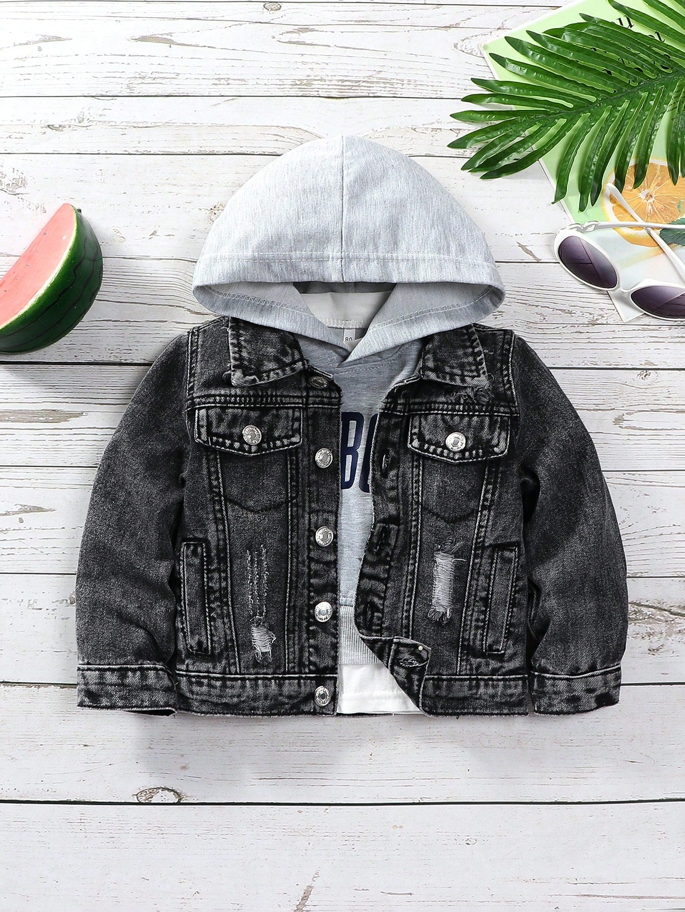 Young Boy Ripped Flap Detail Denim Jacket Without Hoodie